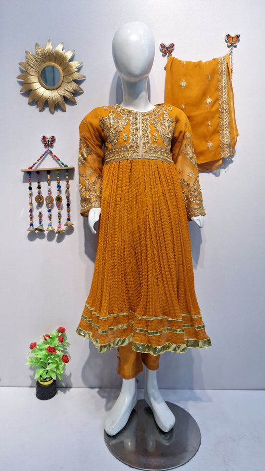 Crush Frock 3 Piece Dress with Silk Trouser & Chiffon Dupatta