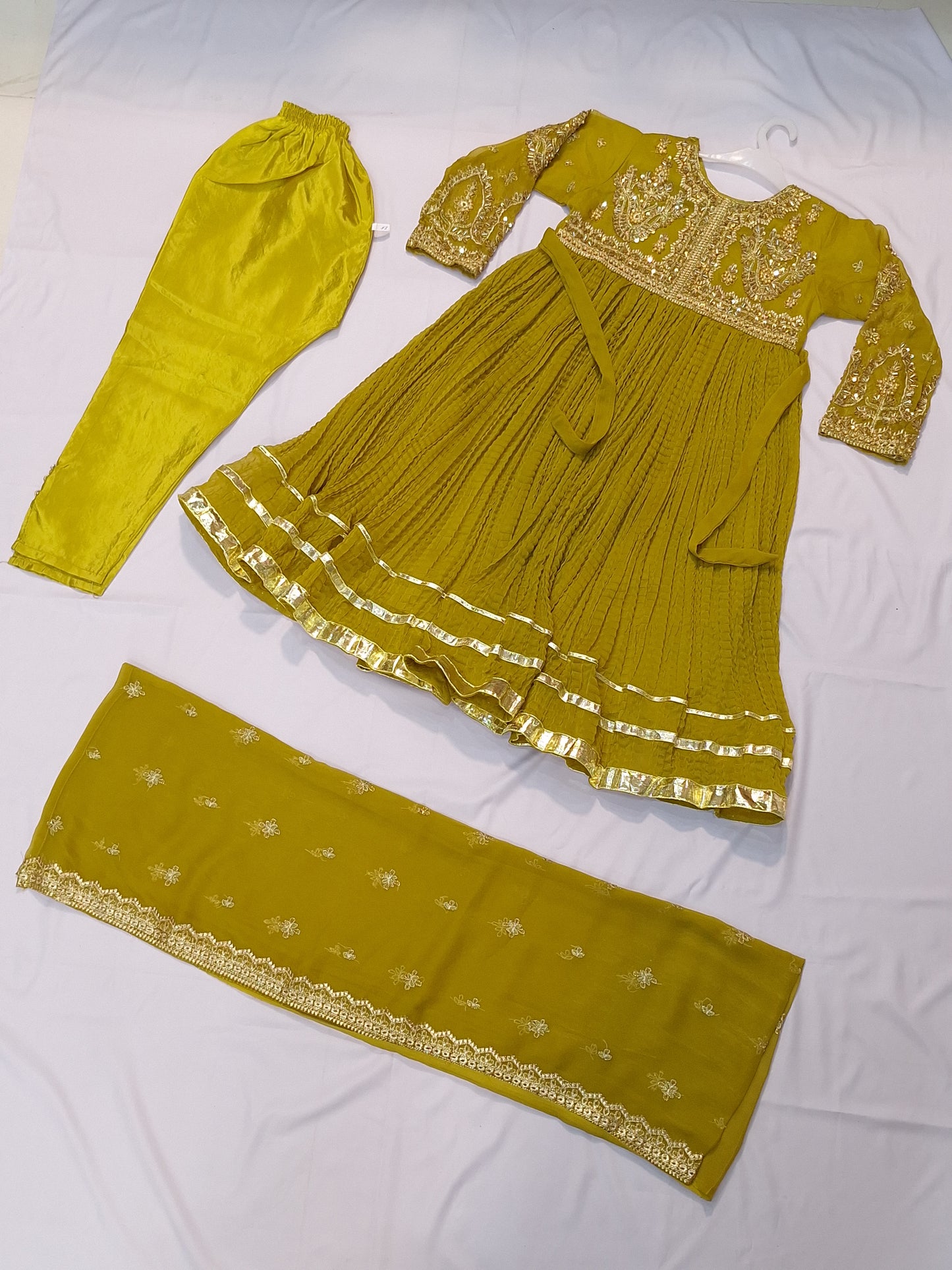 Crush Frock 3 Piece Dress with Silk Trouser & Chiffon Dupatta