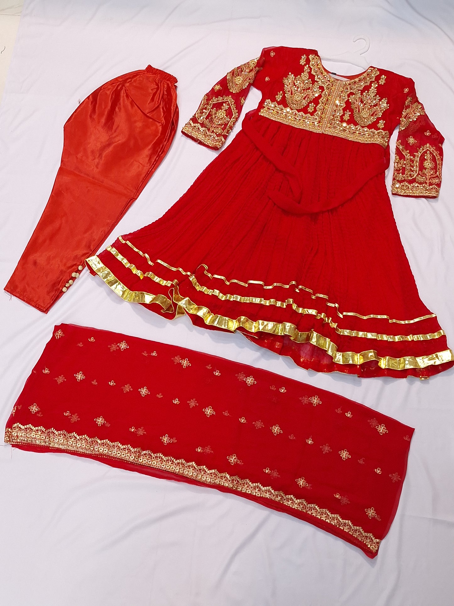 Crush Frock 3 Piece Dress with Silk Trouser & Chiffon Dupatta