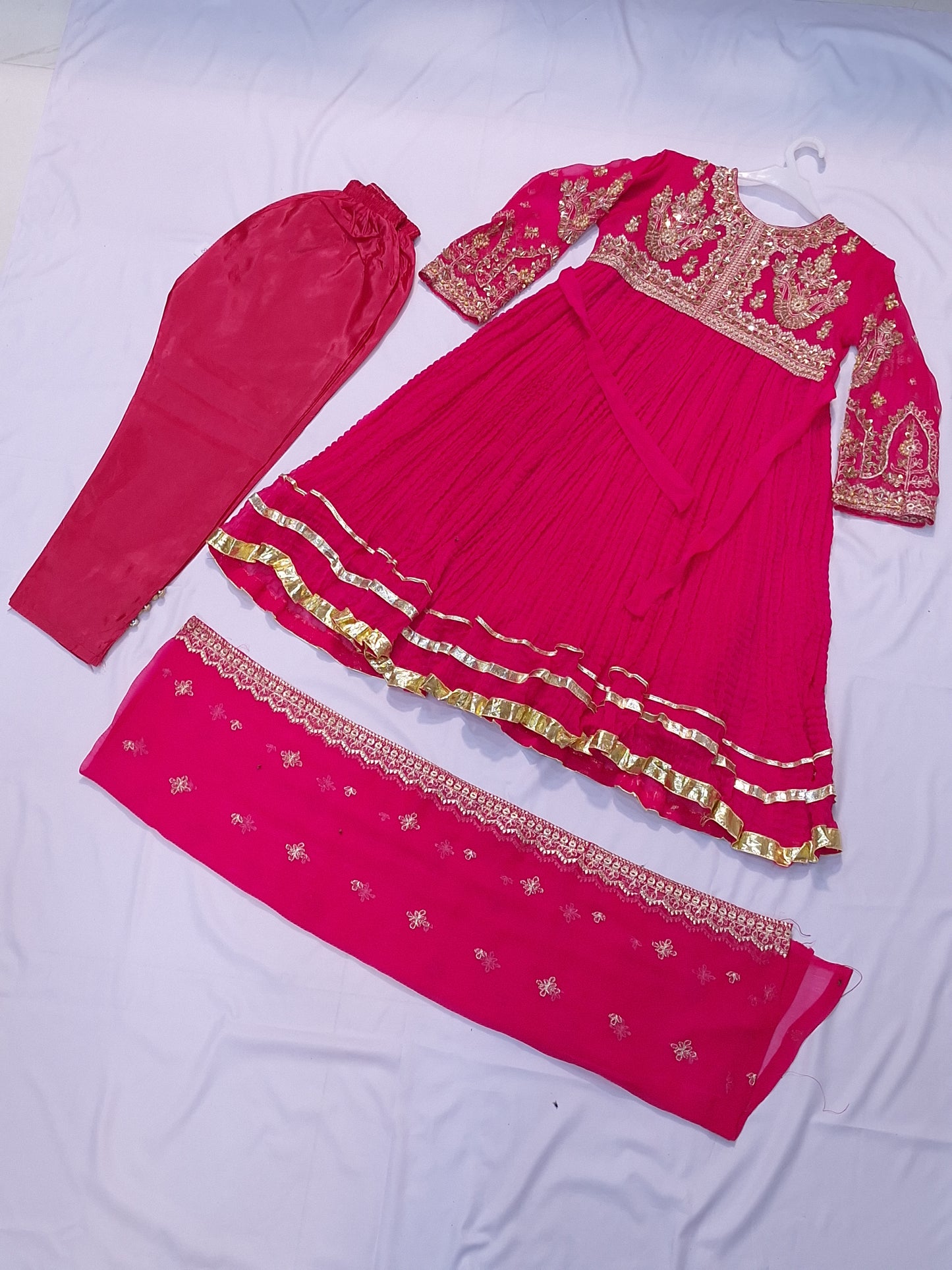 Crush Frock 3 Piece Dress with Silk Trouser & Chiffon Dupatta