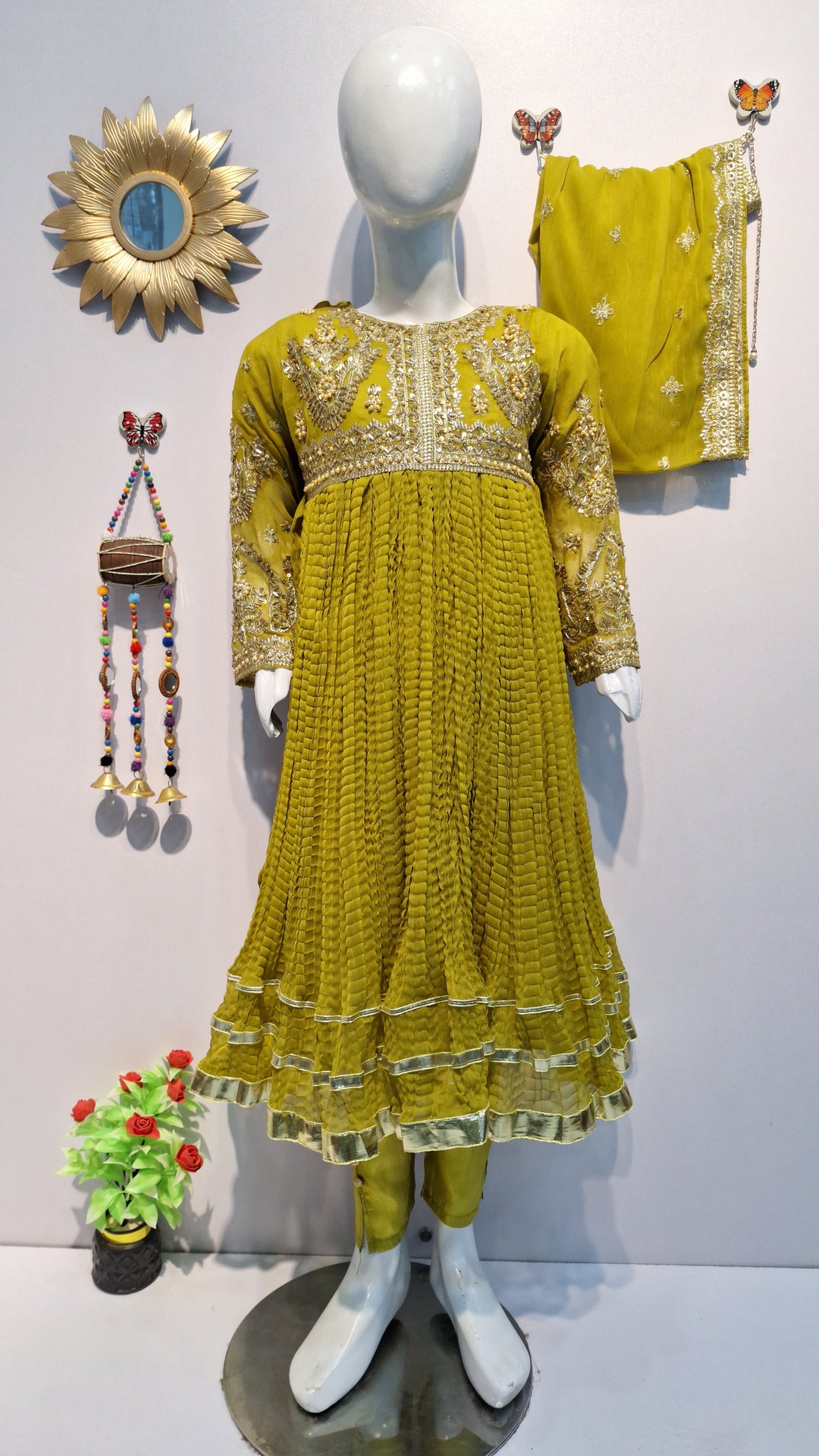 Crush Frock 3 Piece Dress with Silk Trouser & Chiffon Dupatta