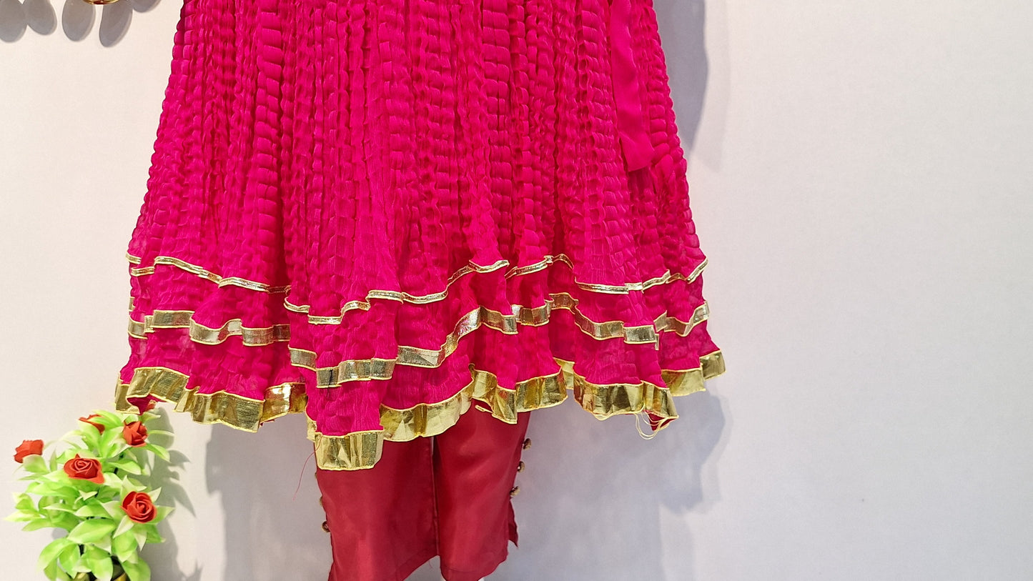 Crush Frock 3 Piece Dress with Silk Trouser & Chiffon Dupatta