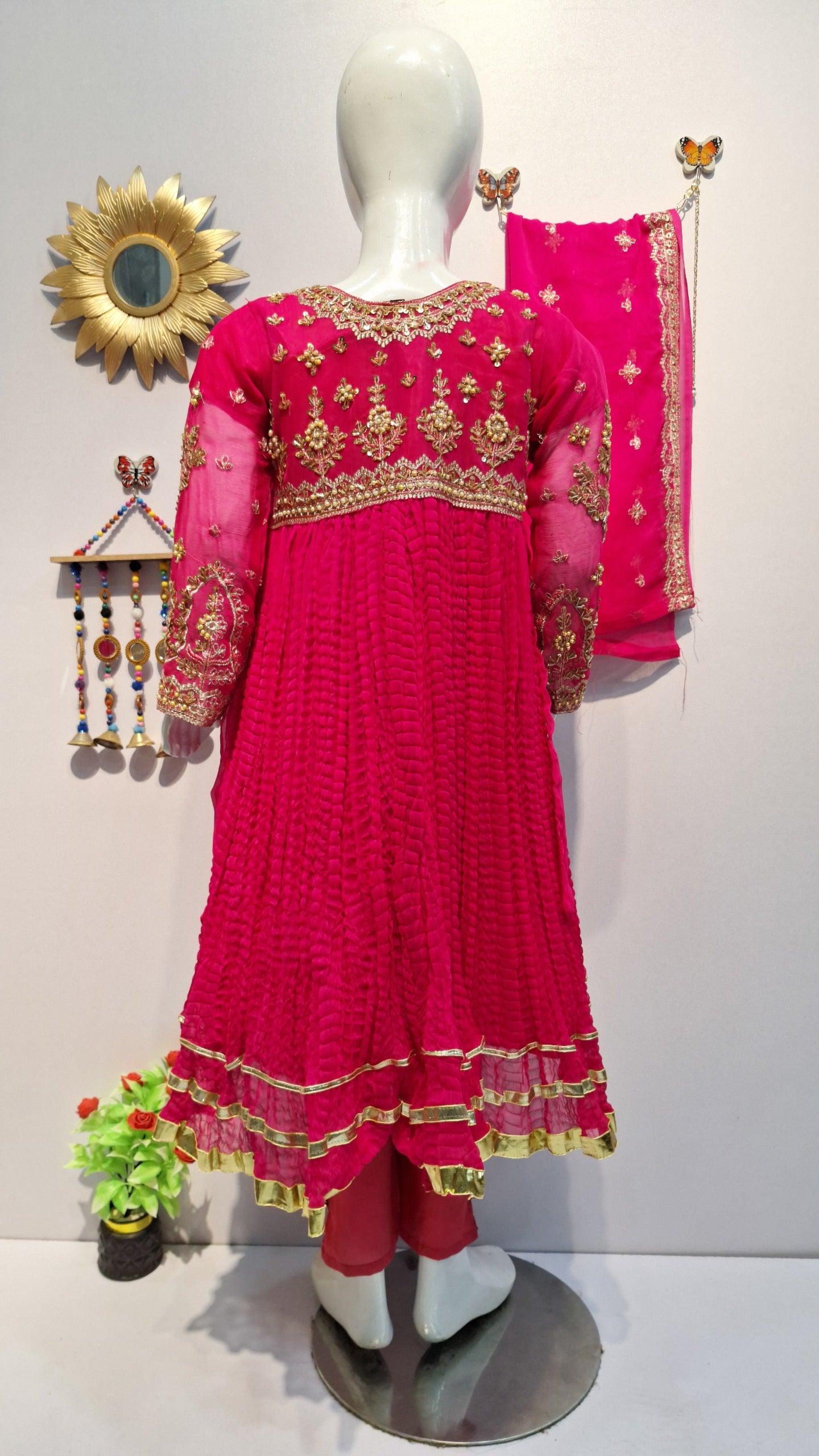 Crush Frock 3 Piece Dress with Silk Trouser & Chiffon Dupatta