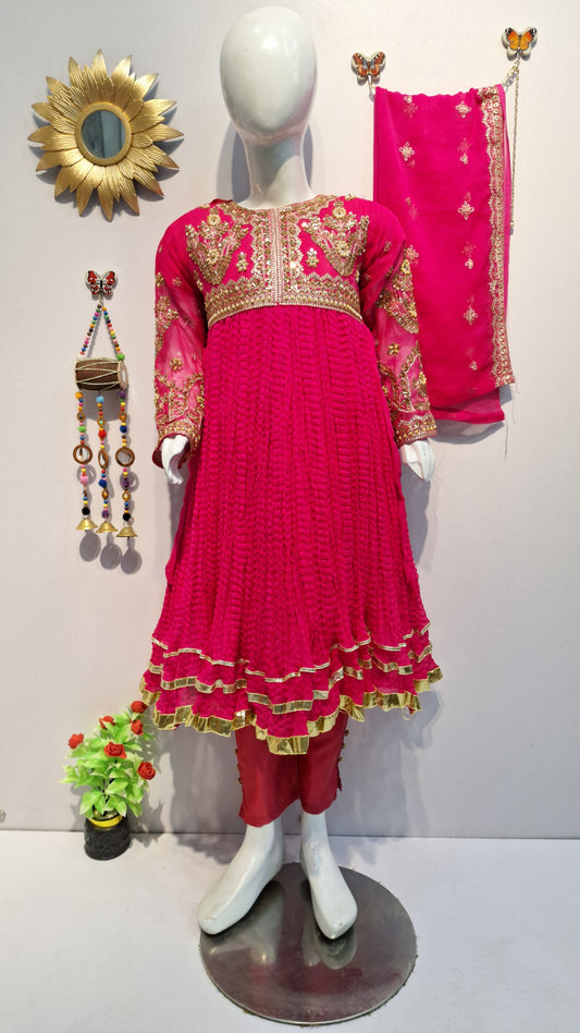 Crush Frock 3 Piece Dress with Silk Trouser & Chiffon Dupatta